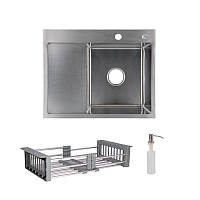 Комплект Lidz Handmade H6350L Мийка для кухні інтегрована крило зліва Brushed у комплекті з дозатором + Lidz K01G Кошик для