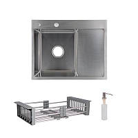 Комплект Lidz Handmade H6350R Мийка для кухні інтегрована крило праворуч Brushed у комплекті з дозатором + Lidz K01G Кошик для