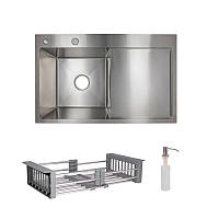 Комплект Lidz Handmade H7849R Мийка для кухні інтегрована крило праворуч Brushed у комплекті з дозатором + Lidz K01G Кошик для