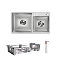 Комплект Lidz Handmade H7843 Мийка для кухні з двома чашами інтегрована Brushed у комплекті з дозатором + Lidz K01G Кошик