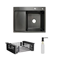 Комплект Lidz Handmade H6350BL Мийка для кухні інтегрована крило зліва BlackPVD у комплекті з дозатором + Lidz K01B Кошик