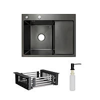 Комплект Lidz Handmade H6350BR Мийка для кухні інтегрована крило праворуч BlackPVD у комплекті з дозатором + Lidz K01B Кошик