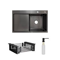 Комплект Lidz Handmade H7849BL Мийка для кухні інтегрована крило зліва BlackPVD у комплекті з дозатором + Lidz K01B Кошик