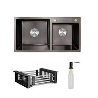 Комплект Lidz Handmade H7843 Мийка для кухні з двома чашами інтегрована BlackPVD у комплекті з дозатором + Lidz K01B Кошина