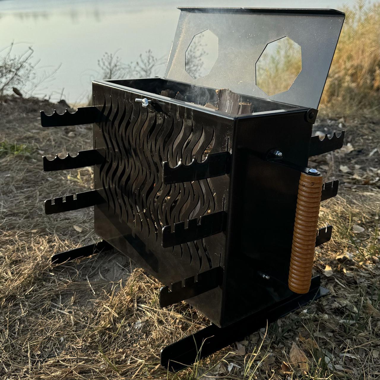 Розбірний вертикальний мангал чемодан на 6 шампурів 2 мм з варильною поверхнею і ручкою 437х336х325 мм