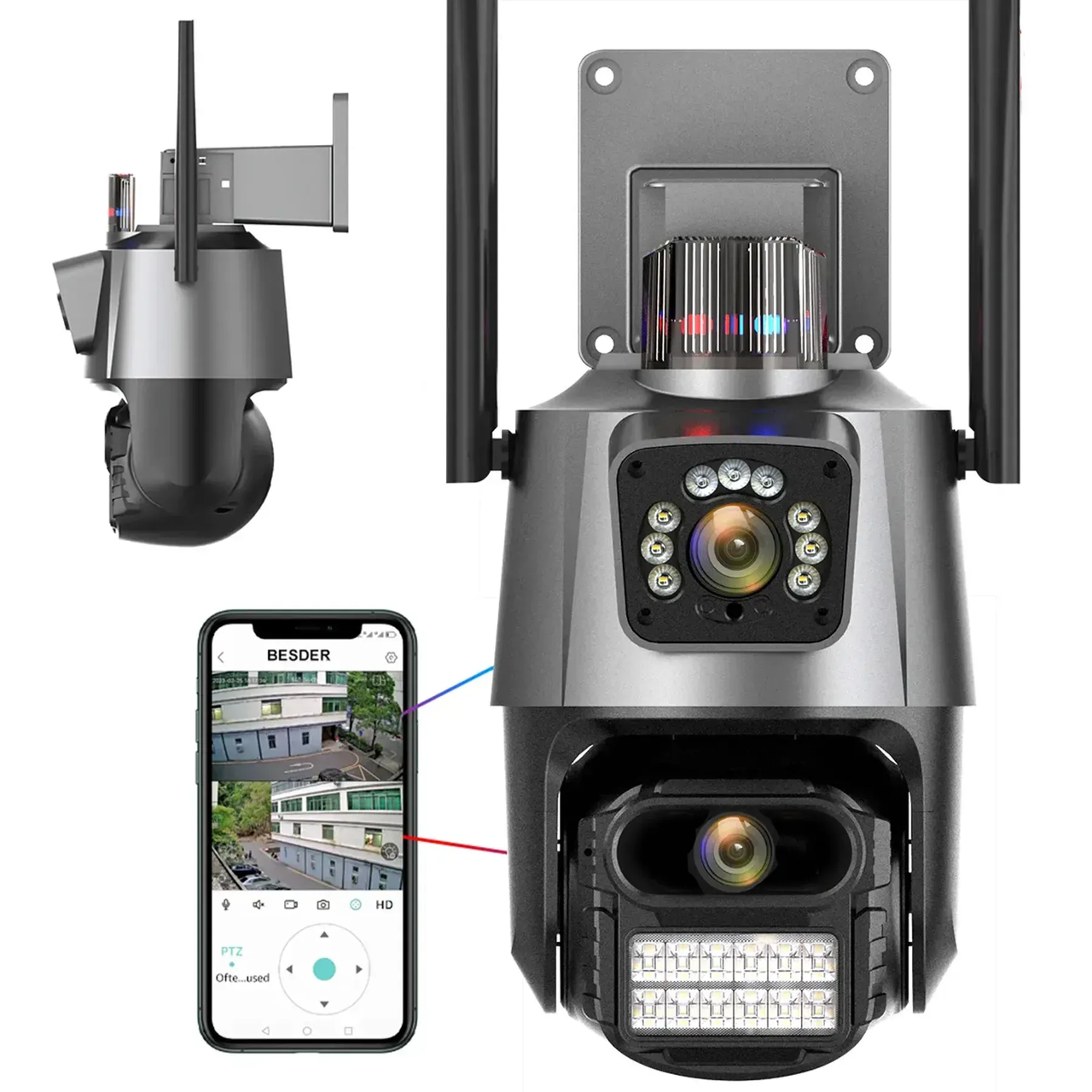 Вулична охоронна WIFI камера відеоспостереження Dual Lens 8MP / Поворотна камера спостереження з бузком