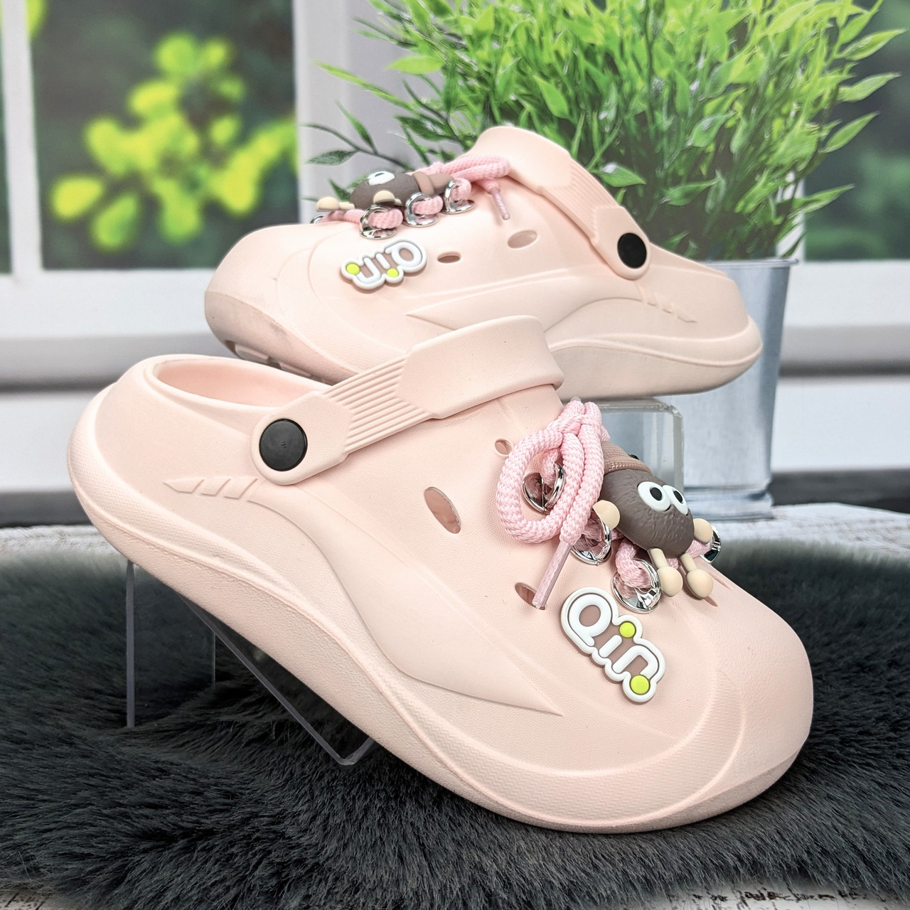 Крокси жіночі Progress пудрові з джибітсами та шнурівкою на платформі 4925, фото 1