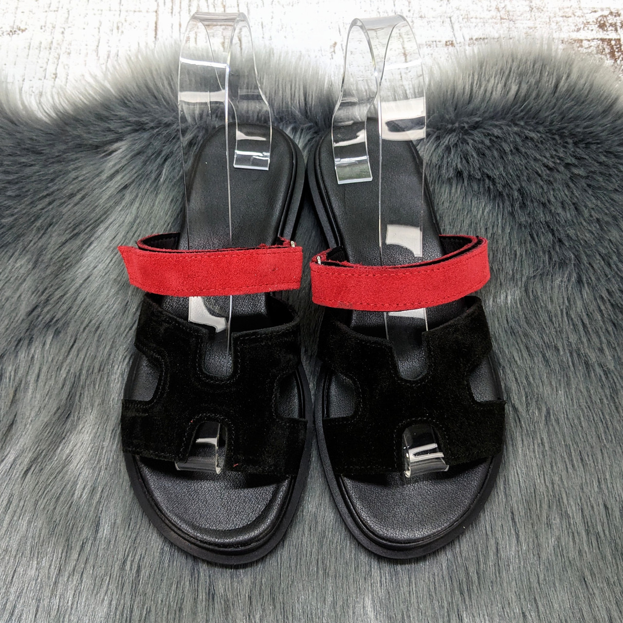 Шльопанці жіночі Amir чорні з червоним замшеві на плоскій підошві 4923, фото 1