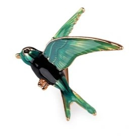 Брошка на золотистій основі птах зеленого кольору покрита кольоровою емаллю розмір 50х45 мм