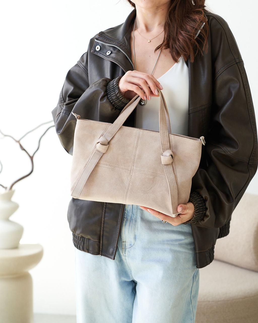 Жіноча сумка Welassie з натуральної шкіри із замшевою обробкою на одне відділення бежева "Амелія" з натуральної шкіри