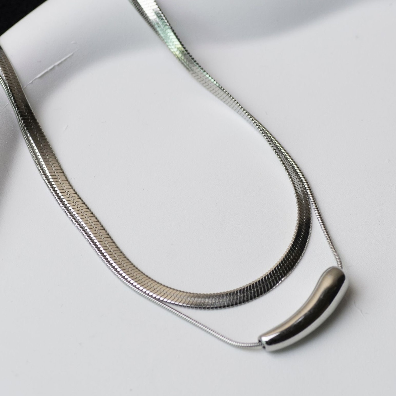 Ланцюг снейк із кулоном двошарова сріблястого кольору Stainless Steel застібка карабін довжина 45-50 см