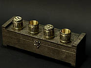 Набір бронзових стопок "Бочка" (4 шт) в кейсі з фанери, фото 2