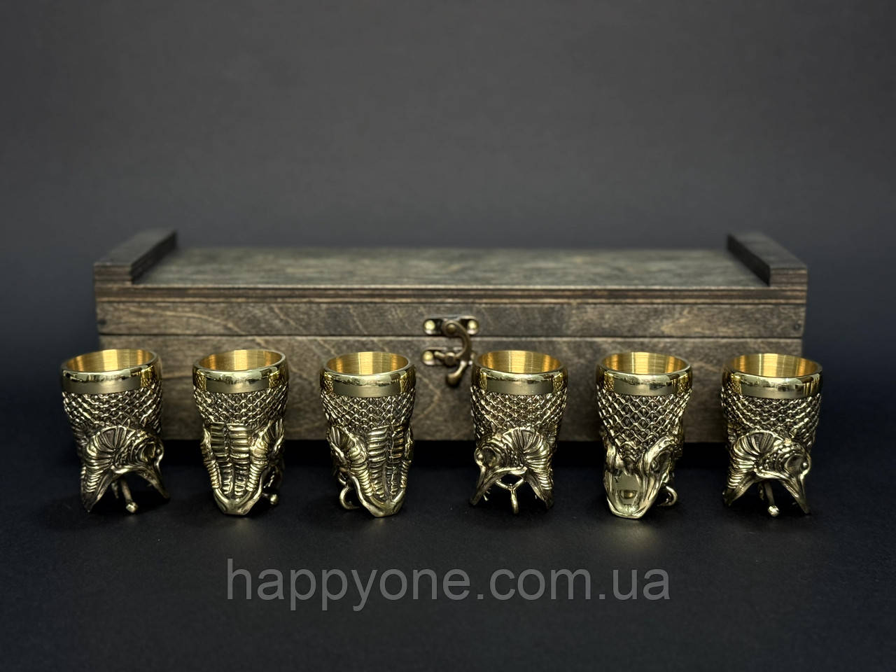 Набір 6-ти бронзових чарок "Царський улов" в кейсі з фанери, фото 1