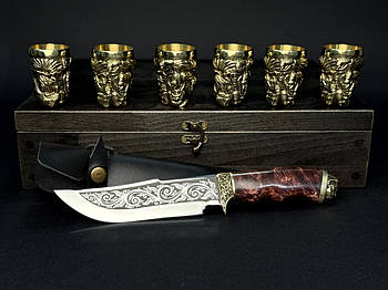 Набір 6-ти бронзових чарок "Козацька рада" з ножем в дерев'яній коробці