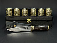 Набір 6-ти бронзових стопок "Бочка" з ножем в кейсі з екошкіри, фото 2