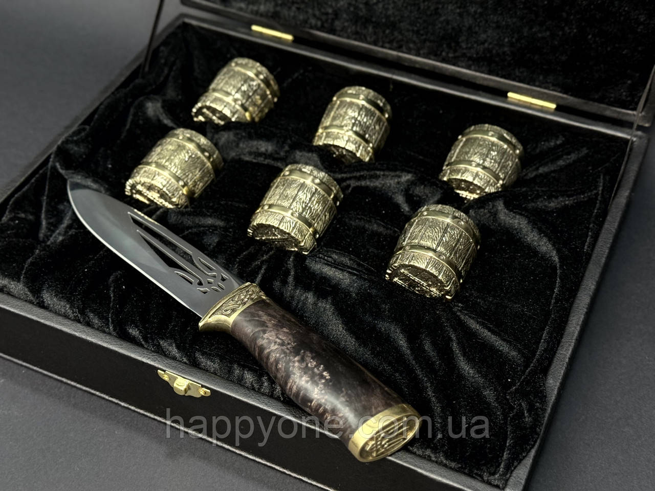 Набір 6-ти бронзових стопок "Бочка" з ножем в кейсі з екошкіри, фото 1