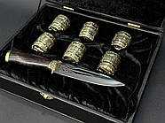 Набір 6-ти бронзових стопок "Бочка" з ножем в кейсі з екошкіри, фото 5