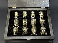 Набір 12-ти бронзових стопок "Мисливські" в дерев'яній коробці, фото 4