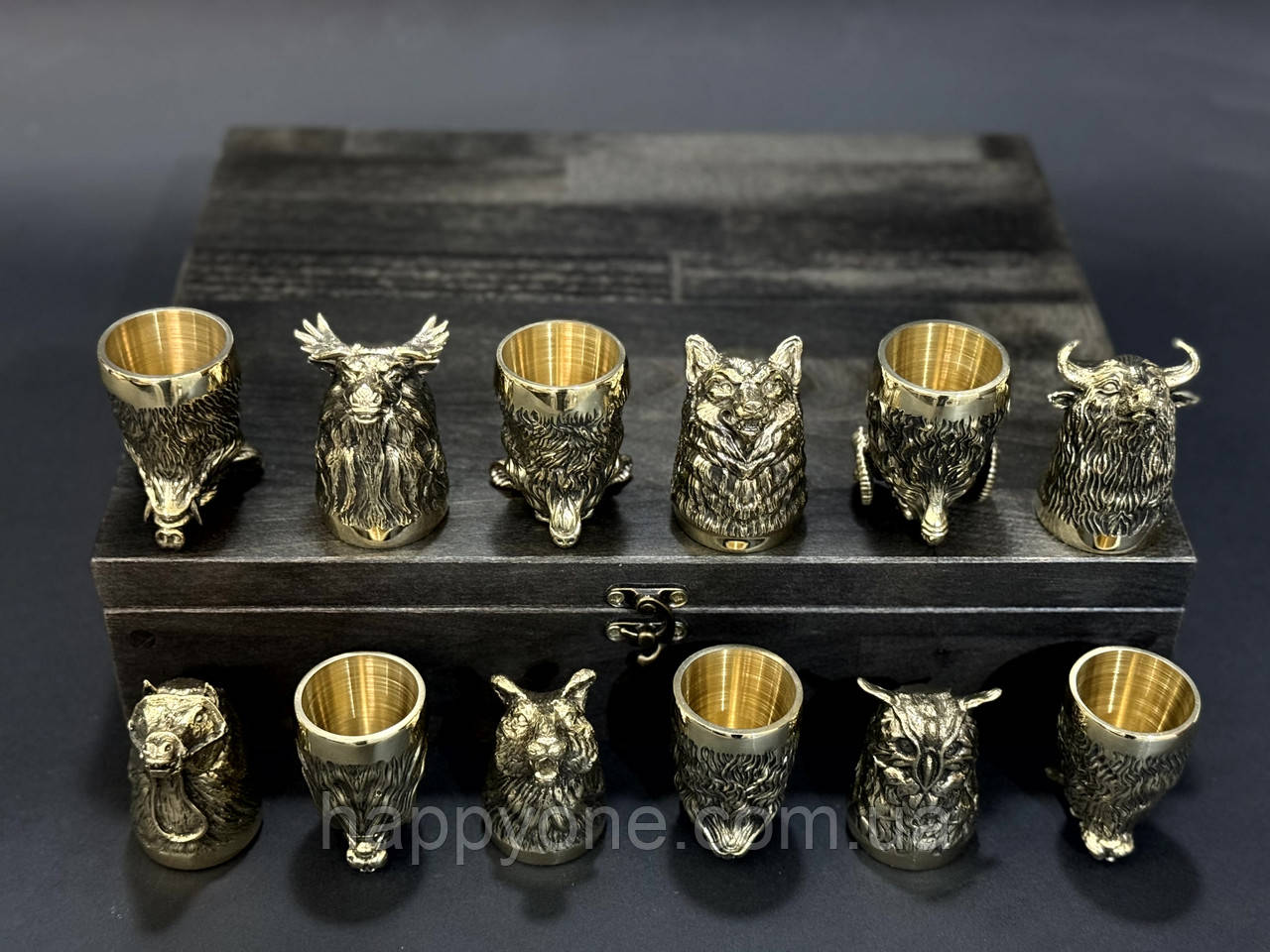 Набір 12-ти бронзових стопок "Мисливські" в дерев'яній коробці, фото 1