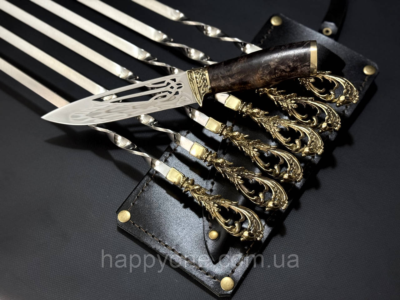 Набір 6-ти шампурів "Морський бриз" з ножем (у шкіряному сагайдаку), фото 1