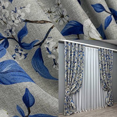 Штори (2шт. 1,5х2,65м.) льон з квітковим принтом, колекція "Прованс". Колір світло-сірий з синім. Код 1725ш 33-0635