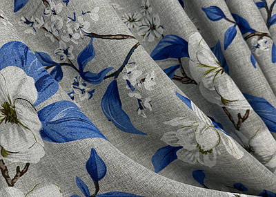 Шторна тканина льон з квітковим принтом, колекція "Прованс". Колір світло-сірий з синім. Код 1725ш