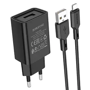 Зарядний пристрій BOROFONE BA68A + кабель Lightning USB, 2.1A Чорний, фото 1