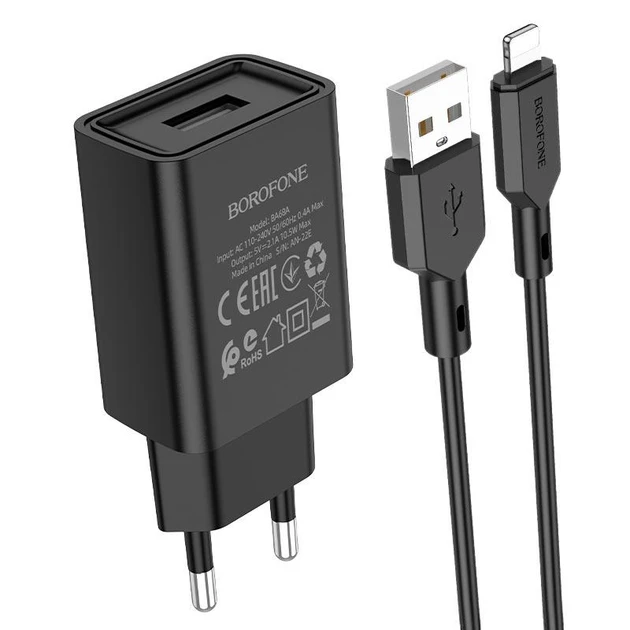 Зарядний пристрій BOROFONE BA68A + кабель Lightning USB, 2.1A Чорний