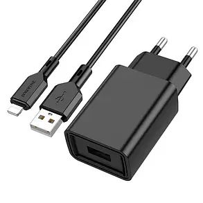 Зарядний пристрій BOROFONE BA68A + кабель Lightning USB, 2.1A Чорний, фото 3