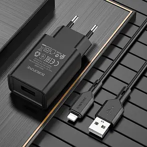 Зарядний пристрій BOROFONE BA68A + кабель Lightning USB, 2.1A Чорний, фото 4