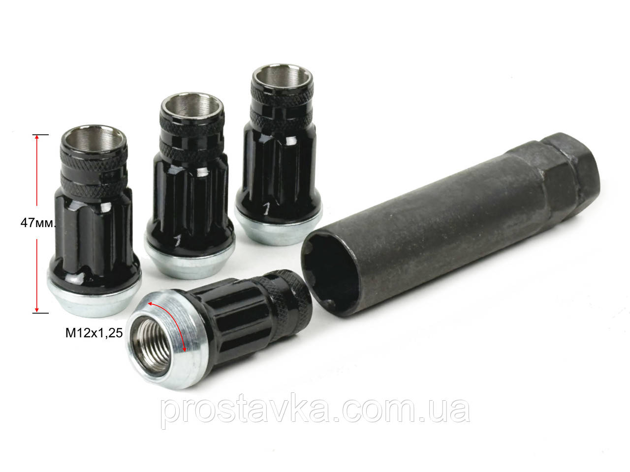 Комплект гайок колісних 307944 SF BA M12X1,25 Чорний Хром висота 47 мм, вращ. Конус із виступом., семигран., відкр., фото 1