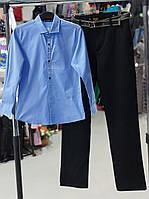 Голубая школьная повседневная рубашка хлопок мальчик 7-8лет, детская сорочка на пуговицах с длинным рукавом на каждый день