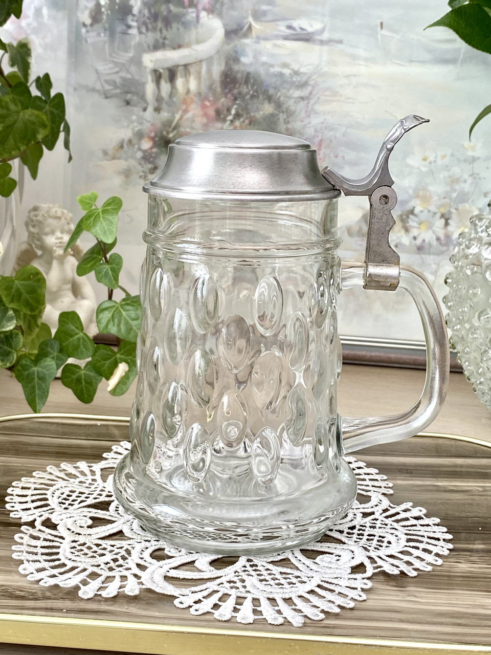 Німецький колекційний пивний келих солов'яною кришкою, скло, олово, Німеччина, вінтаж, фото 1