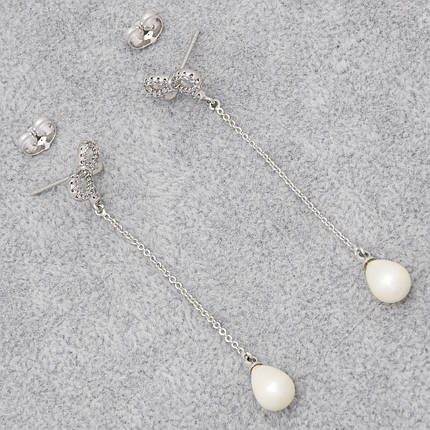 Серьги женские фирма Xuping Jewelry родий застёжка гвоздик бантики висюльки с белыми кристаллами длина 70 мм, фото 1