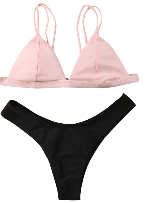 Купальники трикутник бікіні, жіночий купальник рожевий ліф і чорні бікіні трусики