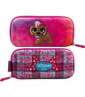 Пенал шкільний каркасний з собачкою для дівчинки, сіро-рожевий клітинка