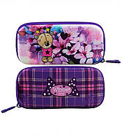 Пенал шкільний каркасний з ведмедиком для дівчинки, бузково-рожевий