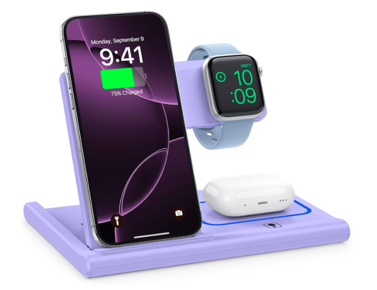 Безпровідний зарядний пристрій 3 в 1 для iPhone, Airpods Pro і Apple Watch, Зарядна станція EXW 3 в 1 Лілова