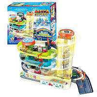 Інтерактивний автотрек 92629 (16) "WToys", ОЗВУЧУВАННЯ УКРАЇНСЬКОЮ МОВОЮ, автоматичний підіймач, звук, світло, пісні, 4 машинки,