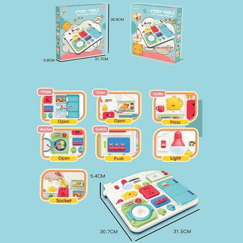 Бізіборд 25889 E (36) “Кухня”, підсвічування, звуки. фрази англійською, рухомі елементи, перемикачі, розетки, в коробці, фото 1