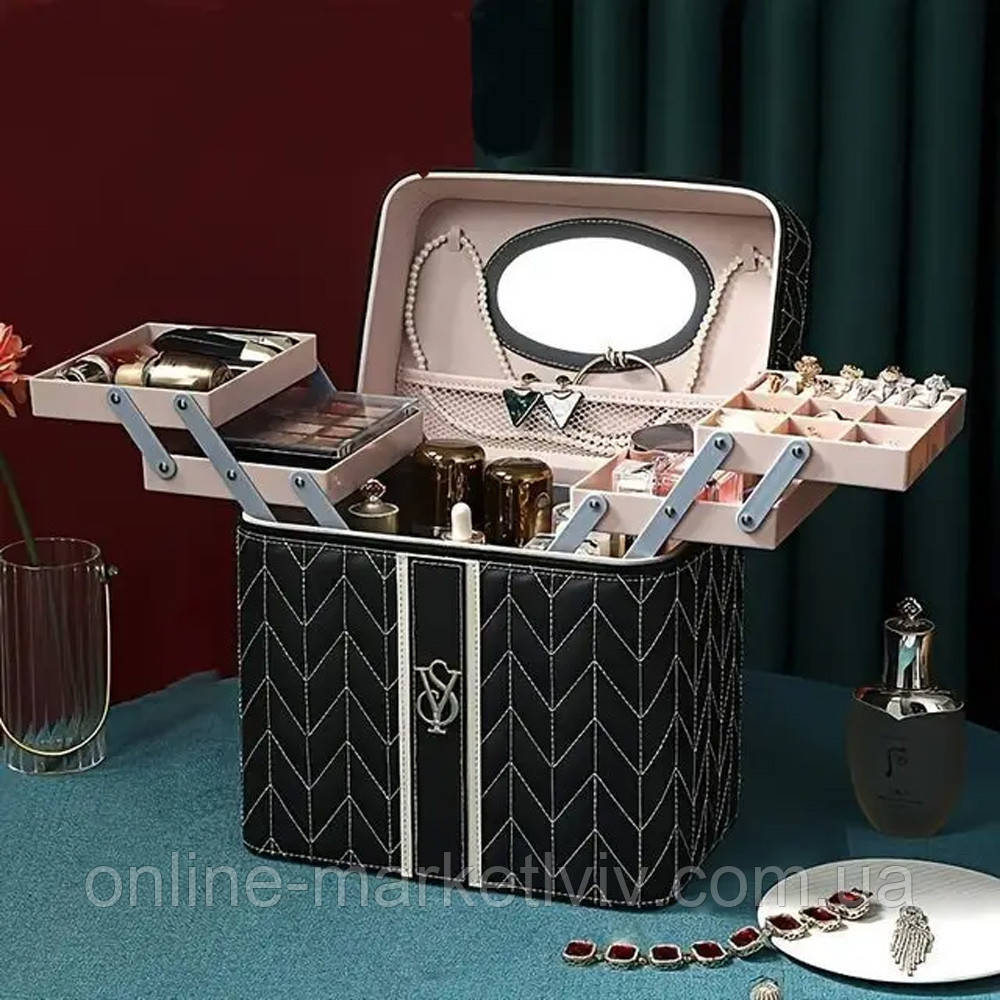 Косметичка органайзер із дзеркалом 27х20х18см Чорна / Кейс для косметики / Органайзер для косметики та прикрас, фото 1