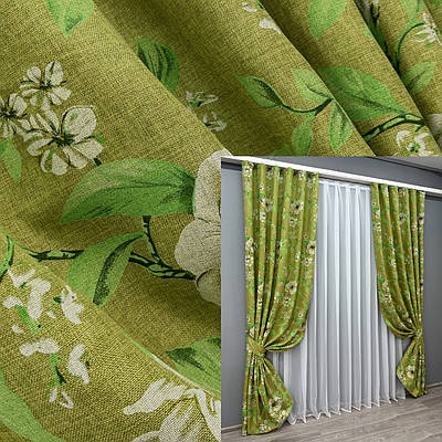 Штори (2шт. 1,5х2,65м.) льон з квітковим принтом, колекція "Прованс". Колір оливковий. Код 1726ш 33-0636