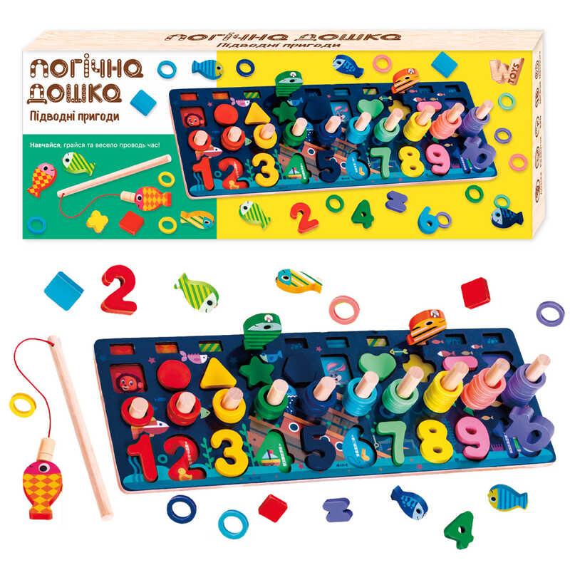 Дошка логічна 11825 (40) "WToys", дерев'яна, 10 кольорових рибок, магнітна риболовля, цифри та фігури, кілочки, в коробці, фото 1