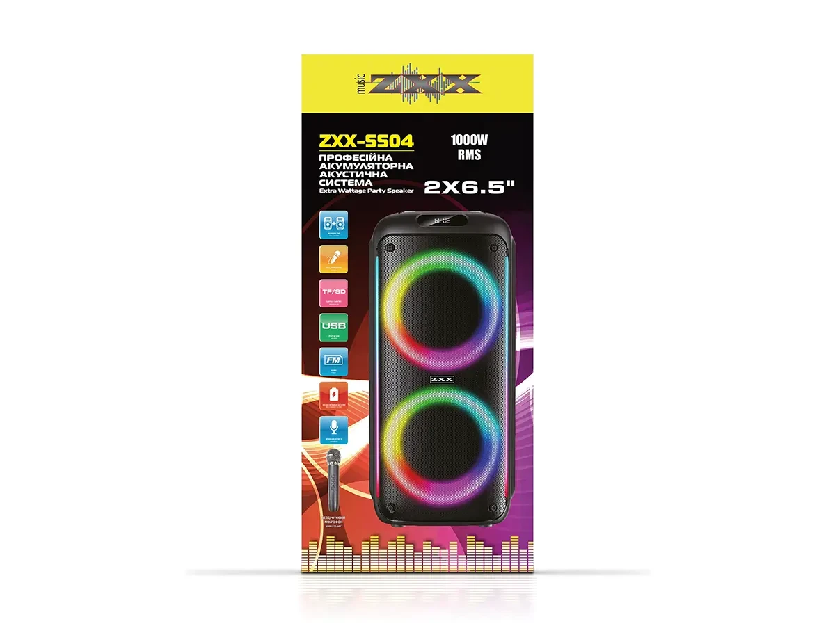 Акустична переносна колонка ZXX-5504 1000Вт 2x6,5" 240х235х545мм TWS/FM/USB/TF/BT/LED/REC/MIC 1шт 6438