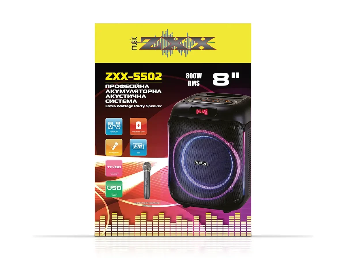 Акустична переносна колонка ZXX-5502 800Вт 1x8" 285х270х365мм TWS/FM/USB/TF/BT/LED/MIC 1шт 6439