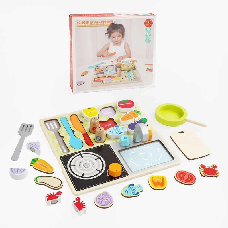 Дерев’яний сортер С 65804 (24) “Кухня”, 22 елементи, набір продуктів, елементи на липучках, безпечний ніж, дошка для нарізання, в, фото 1