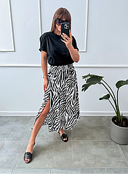 Довга мідіспідниця з розрізом літня модна легка софт принт зебра, чорно-біла, розмір 42/44, 46/48, 50/52
