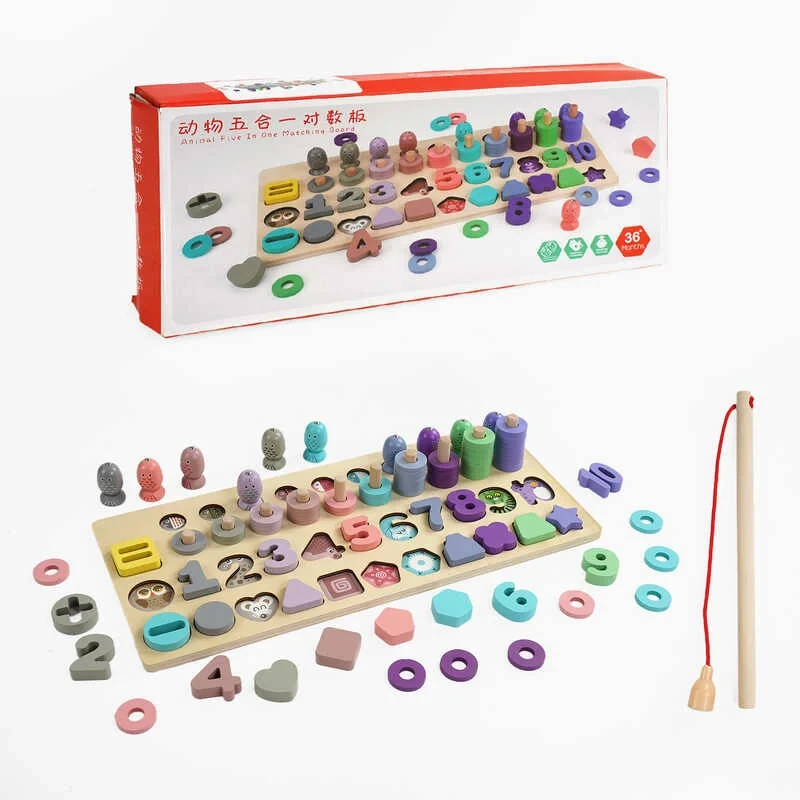 Логічна дерев’яна дошка C 65782 (24) магнітна риболовля, кілочки з кільцями, сортер, цифри, геометричні фігури, в коробці, фото 1