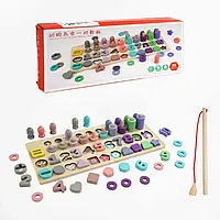 Логічна дерев’яна дошка C 65782 (24) магнітна риболовля, кілочки з кільцями, сортер, цифри, геометричні фігури, в коробці