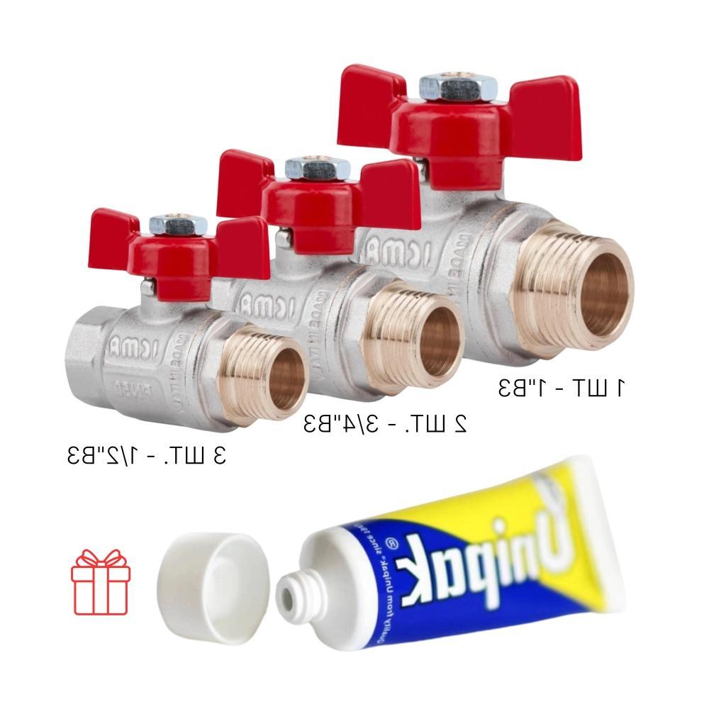 Акційний набір Icma: Крани кульові латунні 3 шт 1/2" + 2 шт 3/4" + 1 шт 1 шт Паста Unigum, фото 1